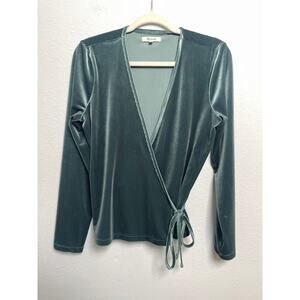 Madewell Velvet Wrap Top Women’s Medium Green Long Sleeve V Neck Tie Side Blouse
